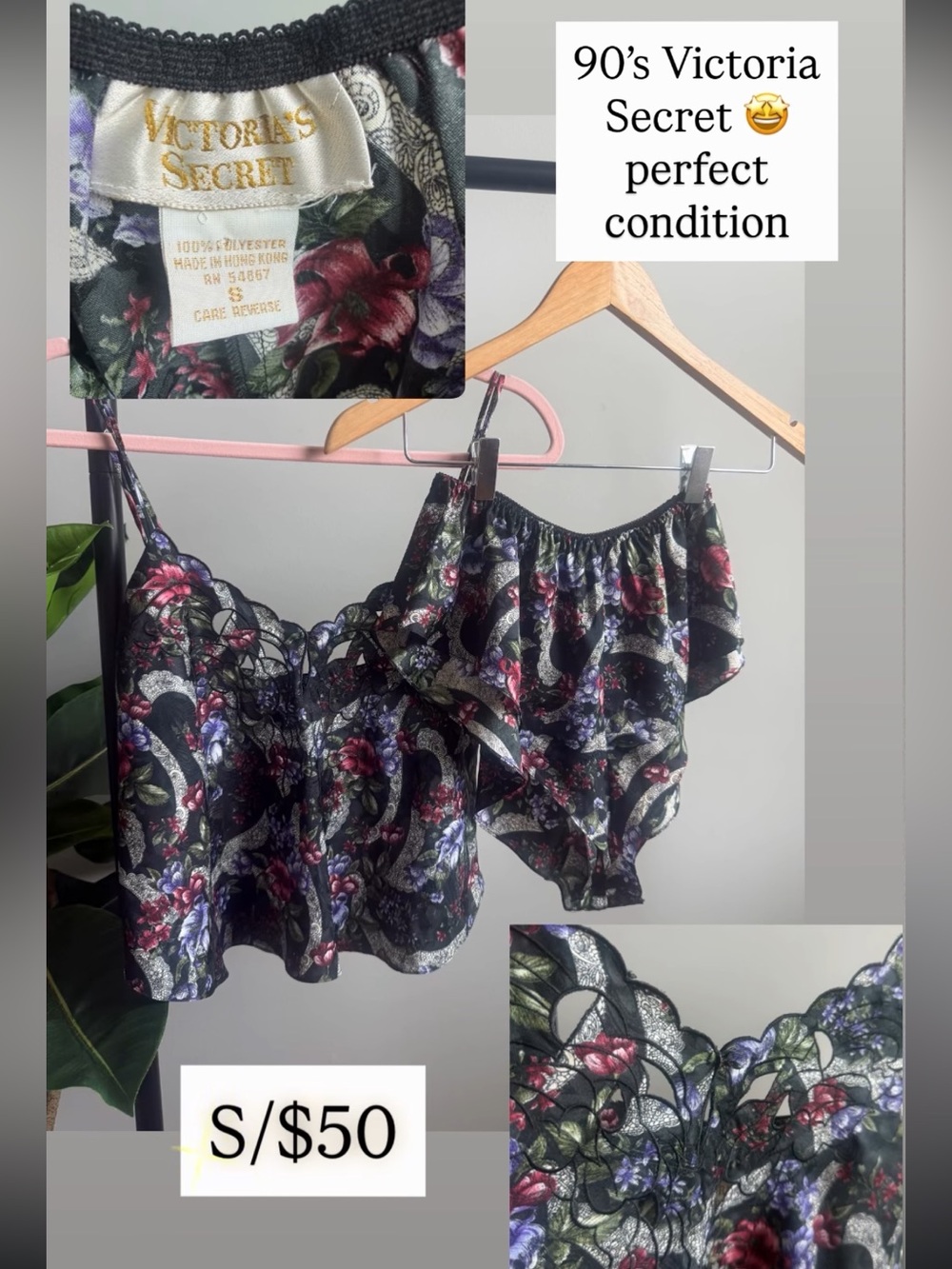 Victoria's Secret Black Floral Lace Camisole & Shorts Set